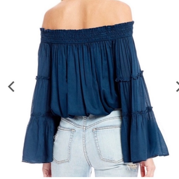 Free People Navy Blue Free Spirit Off Shoulder Bell Sleeve Boho Oversized Crop - Picture 3 of 11